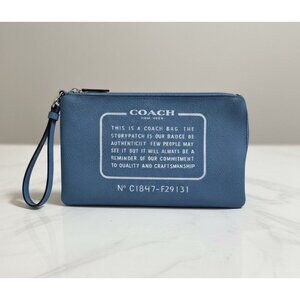 Coach Blue Leather Story Patch Wristlet Pouch Wallet Clutch Unisex Travel Party